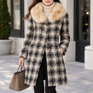 Vintage Size M Wool Houndstooth Coat Faux Fur Collar Classic Winter Jacket)